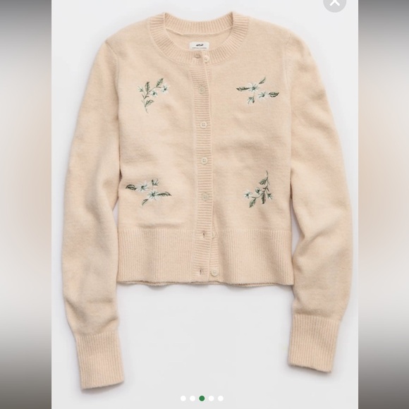 Aerie Softest Classic Cream Cardigan with Floral Embroidery in Sandbar - Picture 3 of 6